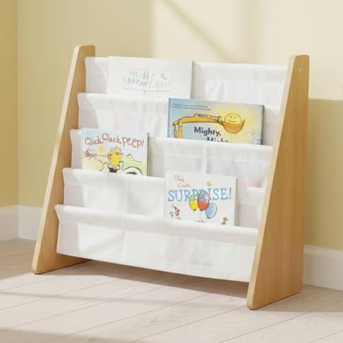 Humble Crew 4-Tier Kids Bookshelf, Natural Wood/White - Premium Book Shelf for Kids Rooms with Four Deep Pockets - Toddler Sling Book Rack with Deep Sleeves, Nursery Bookcase Organizer