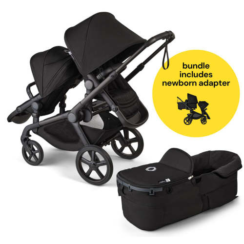 Bugaboo Kangaroo All-Position Newborn Double Stroller Bundle - Black / Midnight Black / Midnight Black