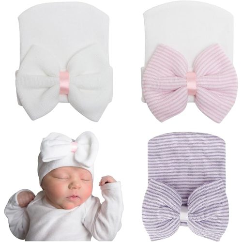 AQOKKA Newborn Baby Girl Hats with Bow No Scratch Cotton Toddler Infant Beanie Caps Soft Newborn Hospital Hat 0-3 Months