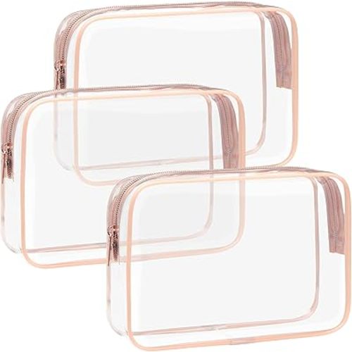 F-color TSA Approved Toiletry Bag - 3 Pack Clear Toiletry Bags Clear Makeup Cosmetic Bags for Women Men, Quart Size Travel Bag, Carry on Airport Airline Compliant Bag, Rose Gold(for age 12 or above)
