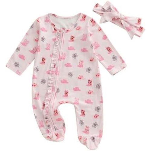 Newborn Baby Girl Western Clothes Cowgirl Boots Footie Romper Rodeo Country Zipper jumpsuit Fall Winter Clothes