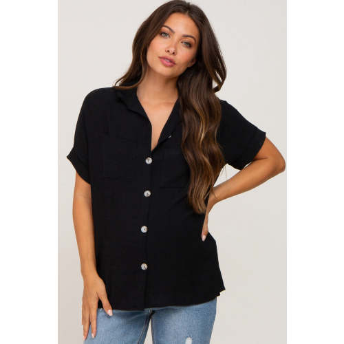 Collared Button-Down Short Sleeve Nursing Blouse - Camel - Small