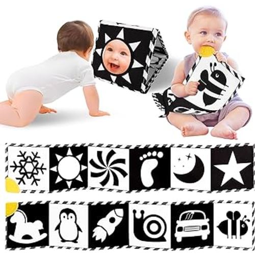 High Contrast Baby Book with Teether, Black and White Baby Toys, 0-6-12 Months Brain Development for Newborn, Soft Baby Book, Montessori Learning Activities Gift for Babies Tummy Time Toys