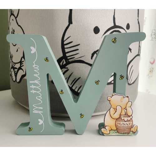 Personalised Wooden Letter, Handmade Wooden Freestanding Winnie the Pooh Letter Name. New Baby Gift Nursery Bedroom Decor Shelfie.