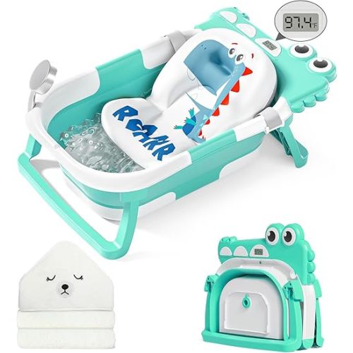 MoreFeel Collapsible Baby Bathtub for Newborn with Thermometer & 1 Hooded Towel & 1 Soft Floating Cushion,Portable Travel Bathtub with Drain Hole, Durable Foldable Baby Tubs for Infants to Toddler