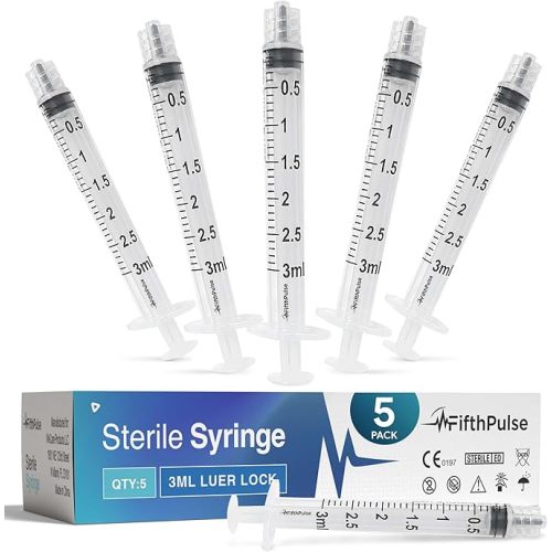 3 ml Syringe without Needle - 5 Pack of Individually Wrapped Disposable Syringes - Good for Medical, Scientific Lab, Home Use, and More - Sterile Luer Lock Syringes