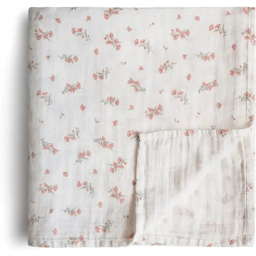 mushie Muslin Baby Swaddle Blanket | 100% Organic Cotton (Pink Flowers)