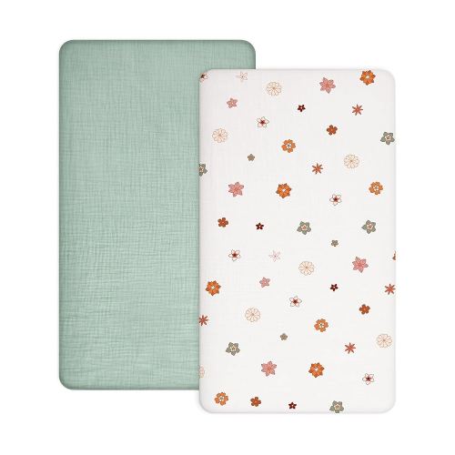 Crib Sheets for Baby Boy Girl 2 Pack, Fitted Crib Mattress Sheet 28" x 52", Muslin Toddler Bedding with Neutral Style, Nursery Bedding Essentials (Sage & Flower-B)