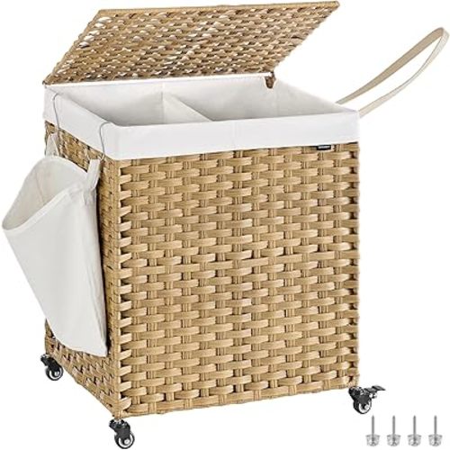 SONGMICS Laundry Hamper with Lid, 38.3 Gallons (145 L), Rolling Laundry Basket with Wheels, 2-Section Synthetic Rattan, Removable Liner, Bedroom, 21.7 x 15.7 x 26 Inches, Natural Color ULCB262Y01