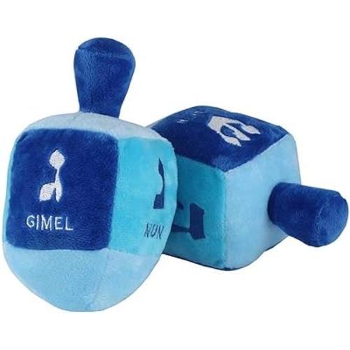 Stuffed Plush Dreidel with Rattle for Hanukkah - 6" x 3" Embroidered with The Hebrew Drydel Letters and English Transliteration My First Chanukah Gift