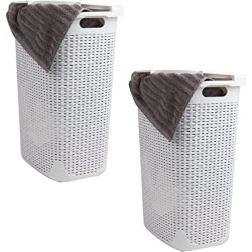 Mind Reader 60L Slim Laundry Hamper, Clothes Basket, Lid, Wicker Design, Plastic, 17.65"L x 13.75"W x 24.15"H, Set of 2, White