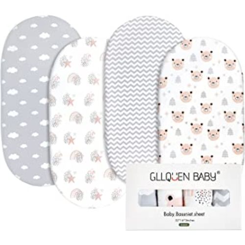 GLLQUEN BABY Bassinet Sheets 4 Pack, Breathable Cozy Fitted Mattress Sheet, Elastic Travel Crib Fashionable Floral Pattern, Standard Cradle Safe Sheets for Baby Boy Girls 32"X16"(Rainbow)