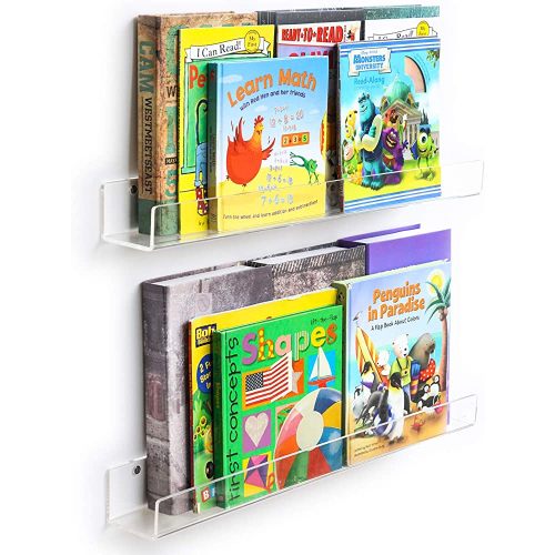 NIUBEE Acrylic 2 Packs Invisible Floating Bookshelves 24 inches,Kids Clear Wall Bookshelves Display Book Shelf,50% Thicker with Free Screwdriver