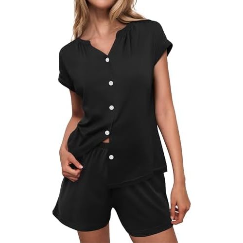 Ekouaer Pajamas for Women Set Button Up Pj Sets Soft V Neck Short Sleeve Sleepwear 2 Piece Loungewear