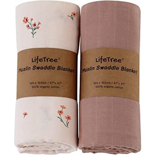 LifeTree Baby Girl Swaddle Blankets, Muslin Swaddling Wrap Neutral Receiving Blanket for Newborn, Organic Cotton, Large 47 x 47 inches, Solid Color/Flower Print