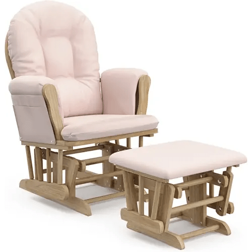 Storkcraft Premium Hoop Glider and Ottoman (Natural/Pink) – Padded Cushions with Storage Pocket, Smooth Rocking Motion, Easy to Assemble, Solid Hardwood Base