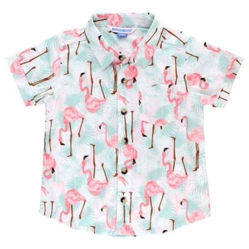RuggedButts Infant Vibrant Flamingo Short Sleeve Button Down Shirt - Multi-Color, 3-6 Months