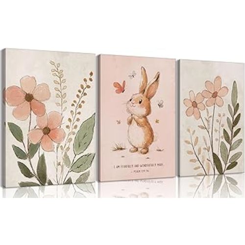3Pcs Nursery Bunny Wall Art Christian Scripture Canvas Painting Cute Pink Bunny Botanical Flowers Wall Decor Nursery Posters for Girls and Boys Kids Room Baby Room Decor Framed