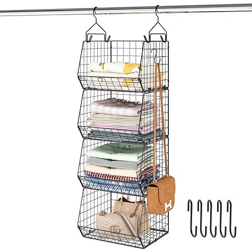 4 Tier Closet Hanging Organizer, Closet Organizers and Storage with 5 S Hooks, Closet Hanging Shelves & Freestanding Wire Storage Basket Bins, for Clothing Shoes Handbags Clutches Accessories Patent