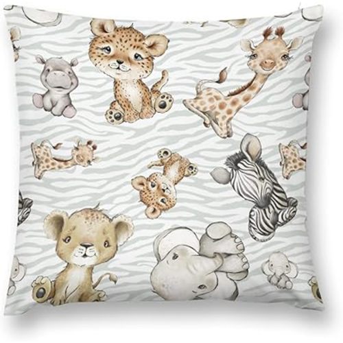 HawSkgFub Baby Boy Girl Nursery Safari Jungle Animals Decorative Pillowcase Throw Pillow Cover, Elephant Giraffe Zebra Lion Cushion Case Bedroom Playroom Decor, Neutral Baby Shower Kids Gifts 18 x 18