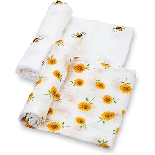 LollyBanks Muslin Swaddle Blankets, Large 47 x 47 Inches Baby Blanket for Girls, 100% Cotton Newborn Blanket, Breathable and Lightweight Baby Receiving Blankets, Registry (Flower Bee 2 Pack)