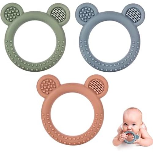 Baby Teething Toys for Babies 0-6 Months Set of 3, Baby Toys 6 to 12 Months, BPA Free Soft and Textured Bear Ring Silicone Teether Relief Soothing Sore Gums Chew Infant Toys
