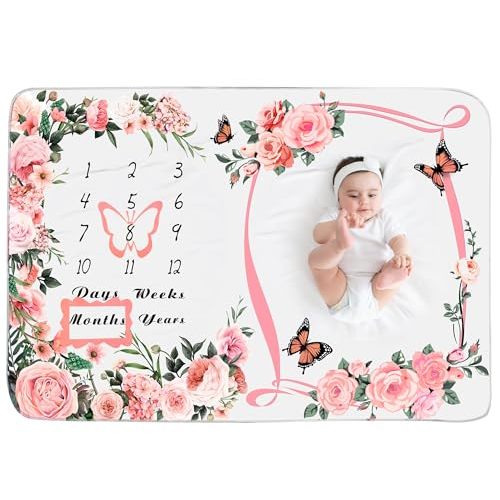 Chumia Baby Monthly Milestone Blanket for Baby Girl 59"x39" Floral Butterfly Photo Prop Age Milestone Blanket with 2 Felt Floral Wreath Frame(Pink)