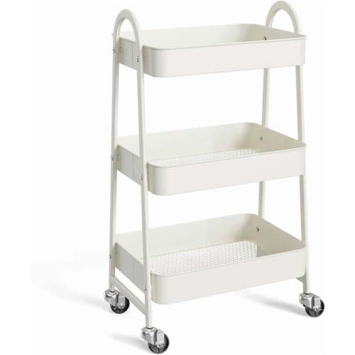 Sybels 3-Tier Rolling Cart with Locking Wheels, Heavy Duty Metal Utility Organizer for Kitchen, Bathroom & Office, White