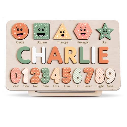 Personalized Wooden Name Puzzle with Numbers & Shapes – Coastal – Zuzu Puzzle