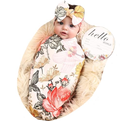 Galabloomer Newborn Receiving Blanket Headband Set Flower Print Baby Swaddle Receiving Blankets (Garden Flower)
