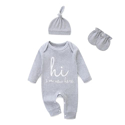 Jomixa Newborn Girls and Boys Romper, Hi I’m New Here Long Sleeve Cotton Baby Clothes, Newborn Coming Home Outfit