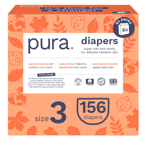 Pura Sensitive Soft Sustainable Baby Diapers Size 3, 156 Count (Choose Your Size and Count)