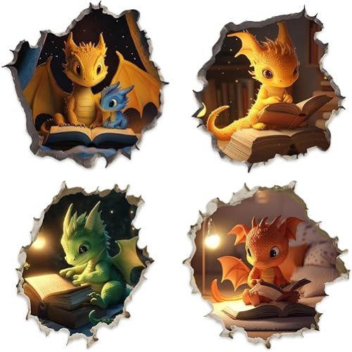 Pack 4 Pcs 3D Dragon Reading in Hole Wall Sticker for Girls Boys Toddler Kids Room Bedroom Classroom Car Window Cute Stickers Waterproof Removable Vinyl Decals Home Accessories