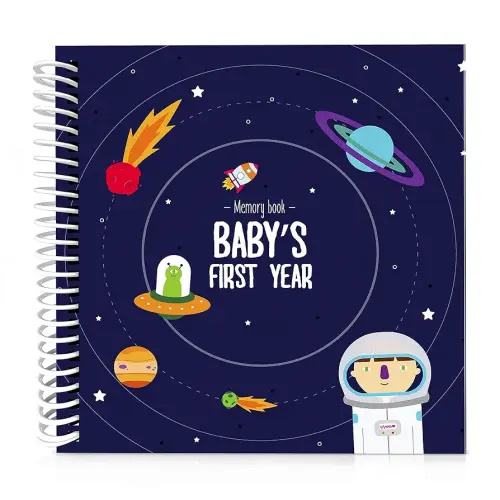 Astronaut Theme First Year Baby Memory Book | 12 Stickers Included | 1st Photo Album with stickers and frames to add your pictures in a gorgeous way | Outer Space Edition | Great Gift for new Moms