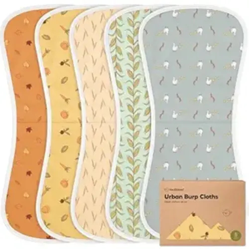 Organic Burp Cloths Baby Boy & Girl - 5-Pack Super Absorbent Cotton Burping Cloths for Babies, Soft & Plush Newborn Spit Up Rags, Infant Towels for Milk Spit Up, Unisex, Large 21" x 10" (Countryside)