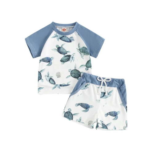 Mioliknya Baby Boy Turtle Set Raglan Shirt Drawstring Pockets Short Outfit