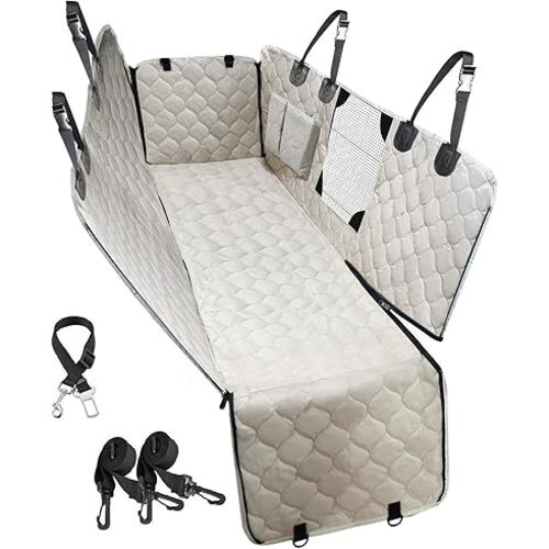 Dog Car Seat Cover with Mesh Window, 100% Waterproof Pet Seat Cover for Back Seat, Scratchproof Dog Hammock for Cars, Trucks, SUVs, Jeeps, Beige