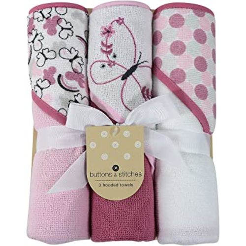 Cudlie Buttons & Stitches Baby Girl 3 Pack Rolled/Carded Hooded Towels in Butterfly Polka Print (GS71727)