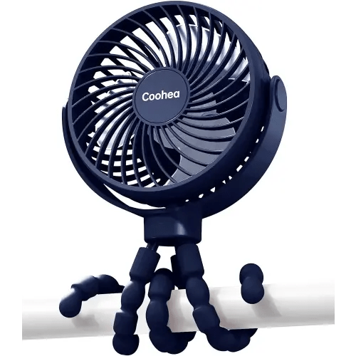 Stroller Fan USB Rechargeable Small Fan Battery Operated Portable Fan Cooling Fan with Flexible Tripod Clip on for Baby Stroller Car Seat Crib Golf Cart Treadmill, 3 Speeds Wind, Navy Blue