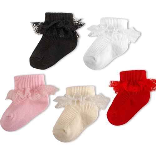MKYSZLT Baby Girl Ruffle Socks Eyelet Double Lace Turn Cuff Ankle Frilly Dress Socks for Newborn/Infant/Toddler/Little Kids