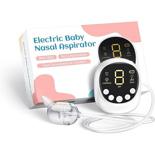 Nasal Aspirator for Baby, Nose Sucker for Baby, Hospital Grade, Electric Nose Sucker with Adjustable 9 Levels Suction, Rechargeable with Night Light and Nursery Rhyme, White