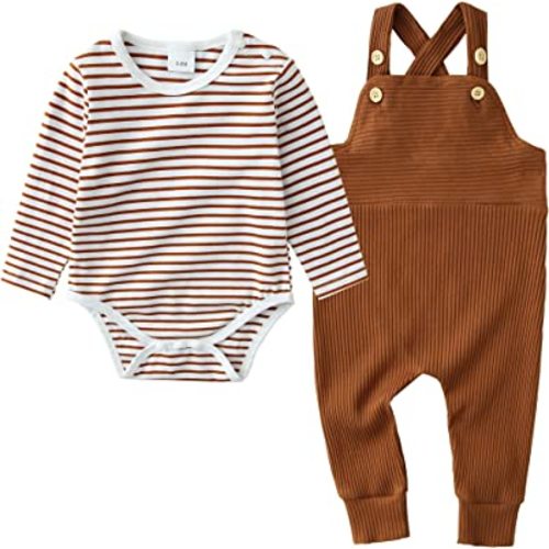 YUEMION Newborn Baby Boy Clothes,2Pcs Infant Boy Romper Bodysuit Spring/Summer Stripe Outfits +Bib Overall Pants(0-18 Month)