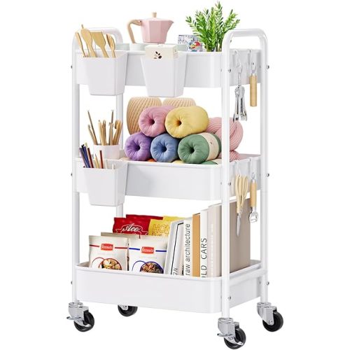 3 Tier Rolling Cart Metal with Lockable Wheels and Cups, White Three Tiered Art Cart Organizer on Wheels, Storage Utility Carts for Craft, Baby Diaper Caddy, Cleaning Supplies, Nail, Snack, Laundry
