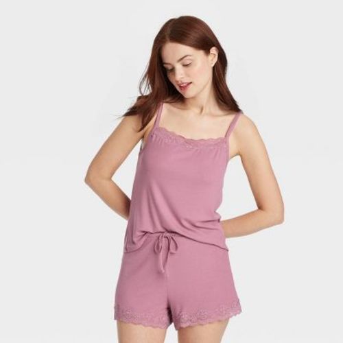 Women's Lace Trim Ribbed Cami Top And Shorts Pajama Set - Auden™ Mauve L