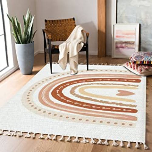 Boho Rug Scandinavian Nursery Rainbow Print for Playroom with Neutral Area Carpet Patio Hallway Runner Mat Pad Minimalist Home Decor Living Room Bedroom Indoor Outdoor, Multi3, 90x150cm