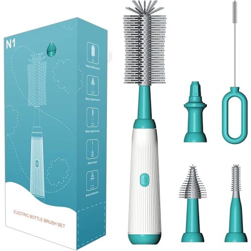 KlirAir Electric Cleaning Brush Set with 2 Speeds, Rotating Silicone Bristles, Suitable for Baby Bottles and Other Feeding Accessories, Green