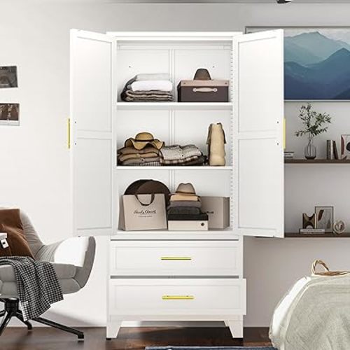 61" Metal Armoire Wardrobe Closet with 2 Drawers, Freestanding 2-Door Tall Clothing Storage with 2 Adjustable Shelves for Bedroom Dorm, White