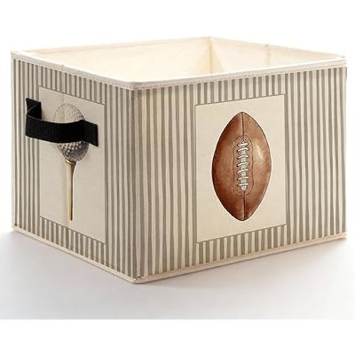 Sports Nursery Storage Bins Box with Handles, Golf Football Basketball Baseball Striped Foldable Basket Toybox for Kids Boys Room Nursery Bedroom Bathroom Clothes Toys Books
