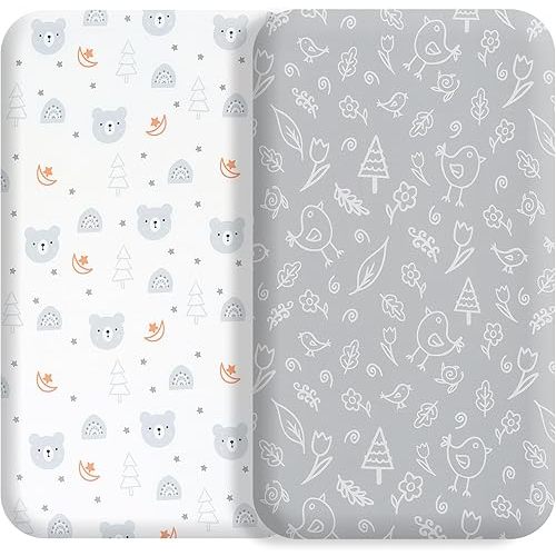 Bassinet Bed Sheet Set 2 Piece Fits Rectangle Oval Halo Hourglass Mattress Stretch Bassinet Bed Sheet Soft and Comfy (Deer Park) (Little Bear & Little Bird)