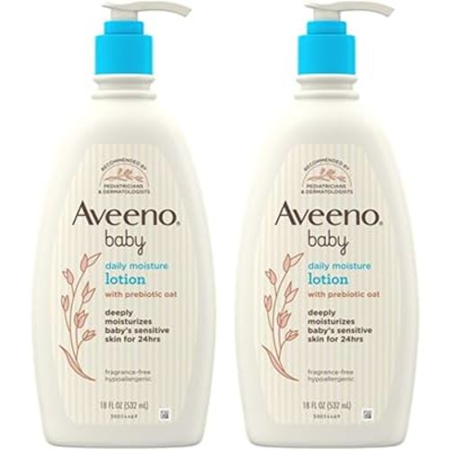 Aveeno Baby Daily Moisture Body Lotion for Sensitive Skin, Hypoallergenic Moisturizing Baby Lotion with Nourishing Oat to Deeply Moisturize Baby's Skin, Fragrance-Free, 18 fl. oz, 2 Pack